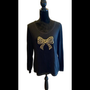 Black Blouse Cheeatah Print Bow Size Large T Shirt Long Sleeve Stretchy Casual